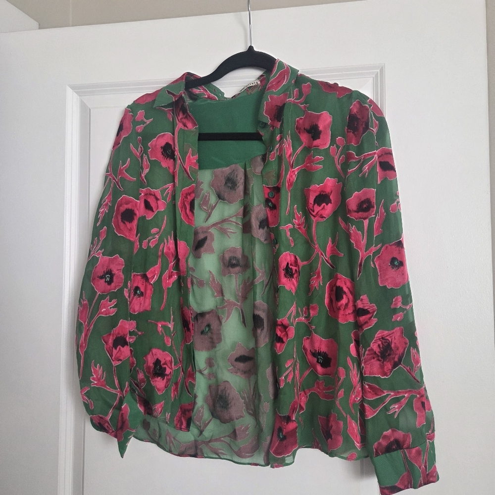 Alice + Olivia Green and Pink Graphic Blouse